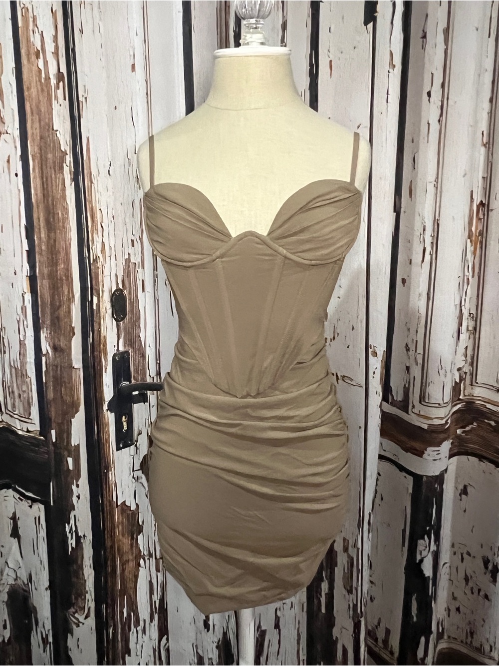 Ruched Corset Mini Dress in Tan with Spaghetti Straps